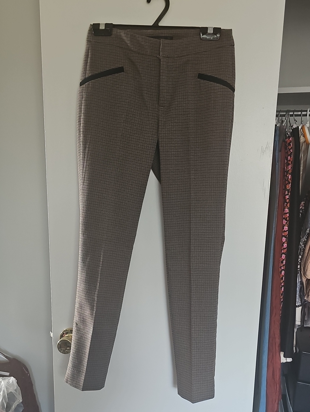 Zara Brown Glen Plaid Skinny Pants with Black Pocket Trim Size S